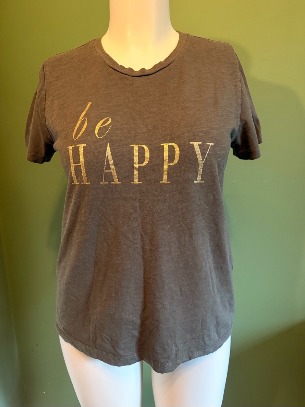 Kaffe Charcoal Green Gray "be HAPPY" Foil Graphic Tee